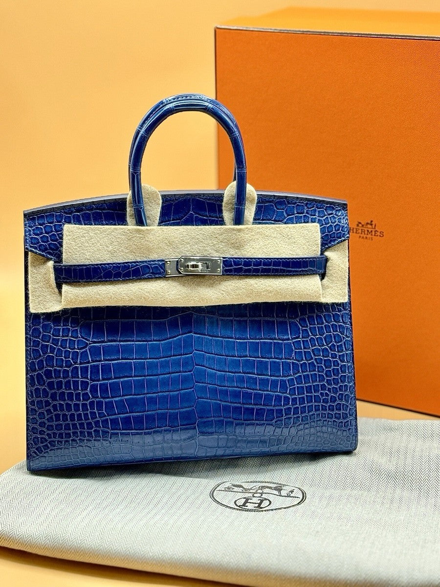 HERMÈS 25 BIRKIN SELLIER INDIGO AIZOME MATTE POROSUS CROCODILE PALLADIUM HARDWARE
